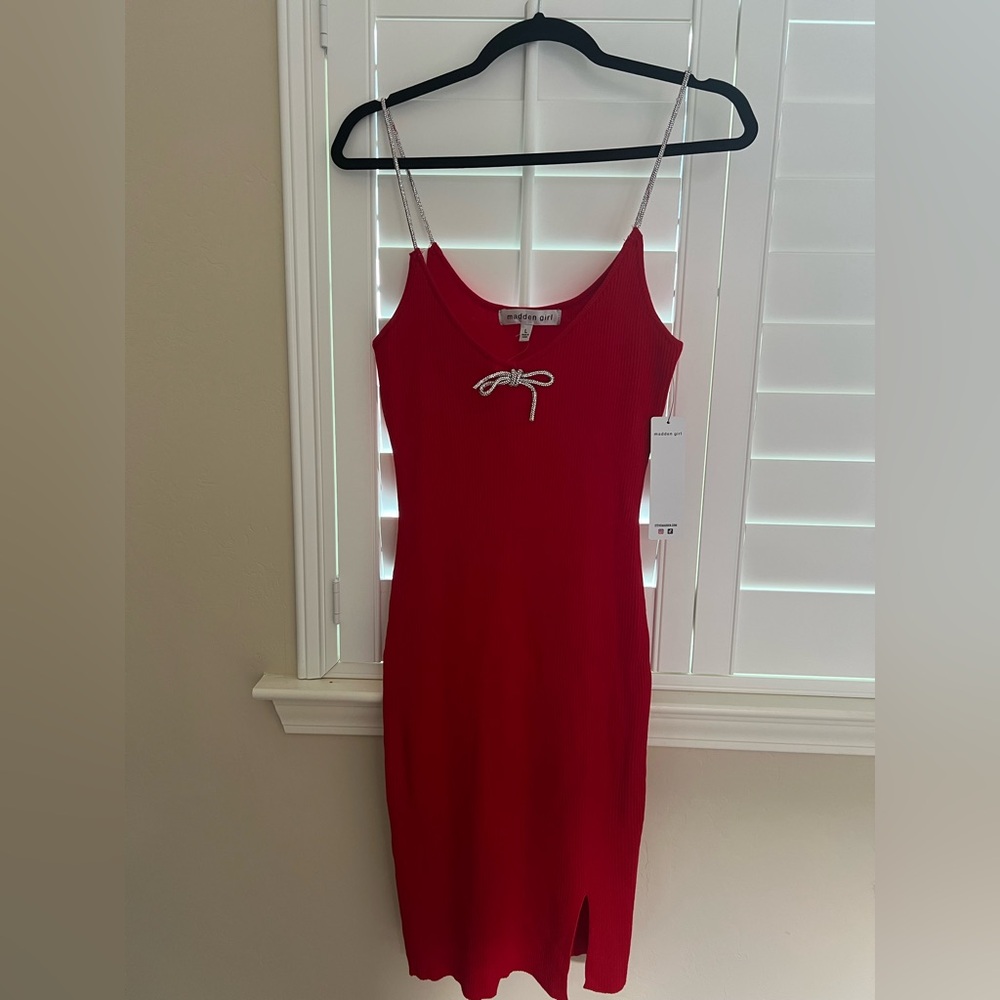 NWT L Madden Girl Vibrant Red Midi Dress with Chain Straps